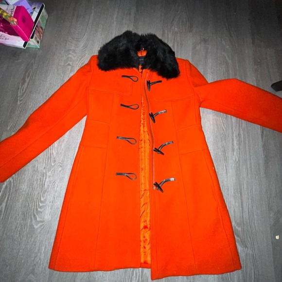 Women's Orange Toggle Coat with Faux Fur Collar - Picture 2 of 8